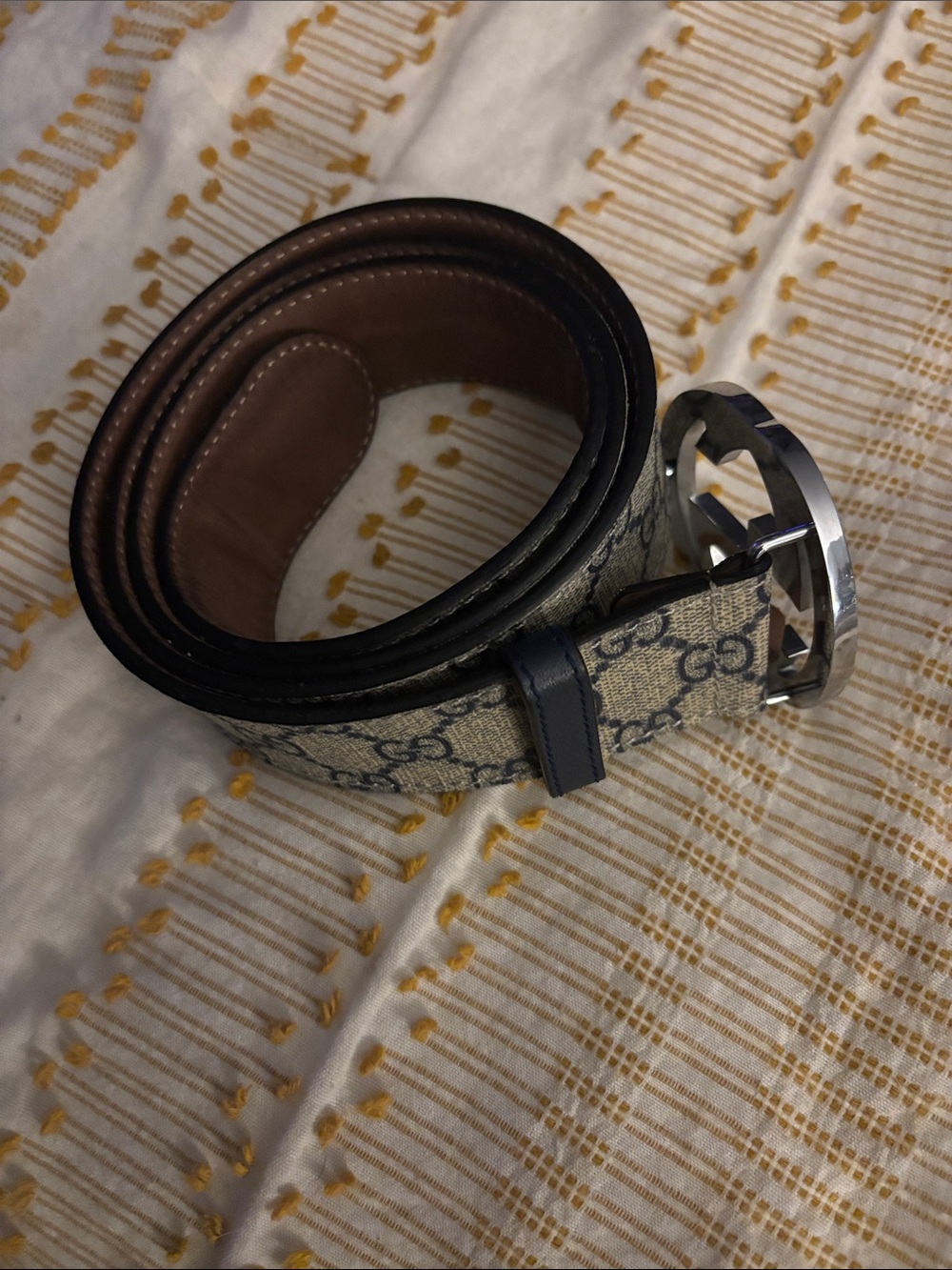 Designer Monogram Men's Gucci Belt l with Silver Buckle - Picture 3 of 7